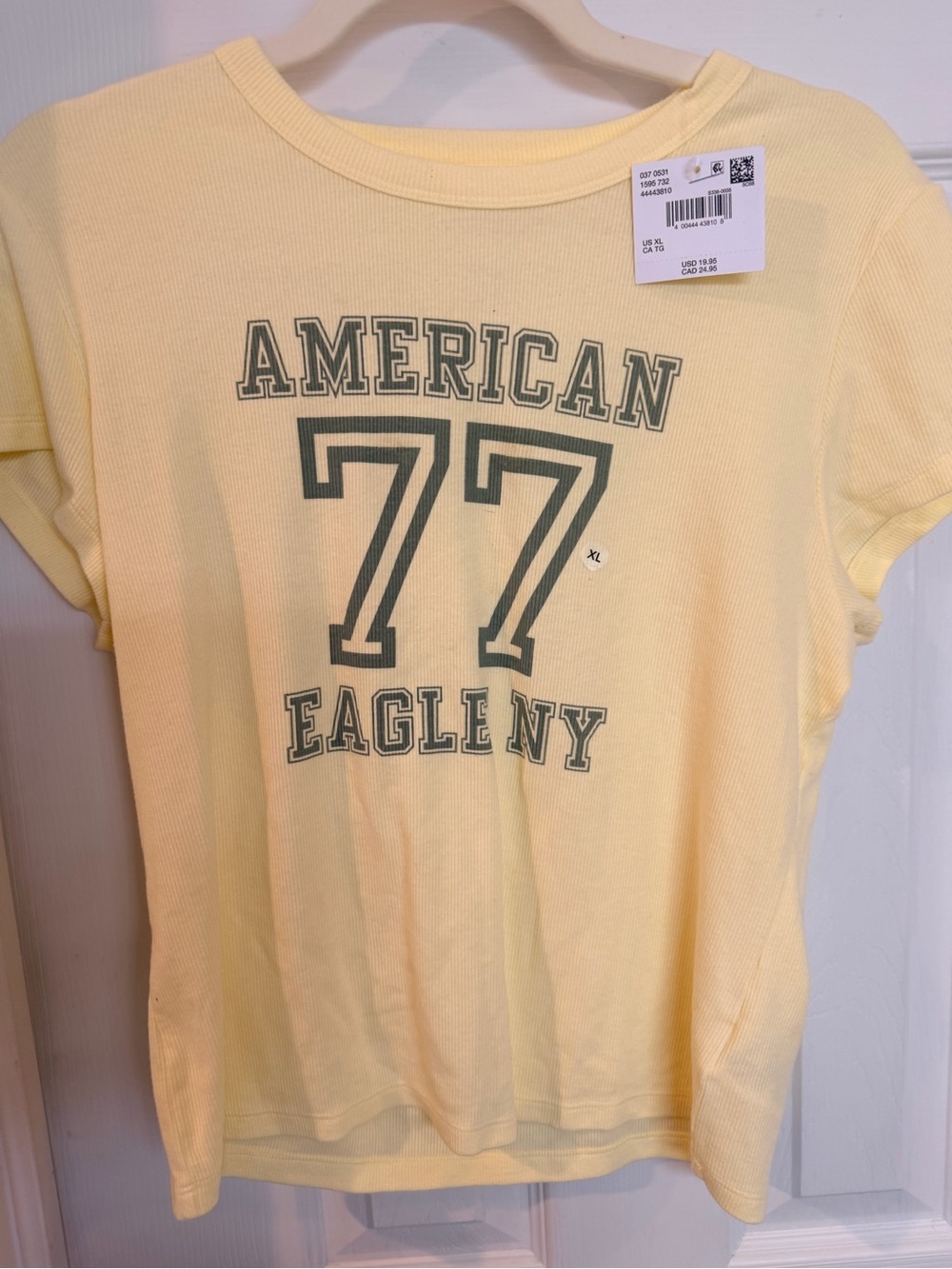 American Eagle XL Yellow Ribbed American 77 Varsity Graphic Tee NWT